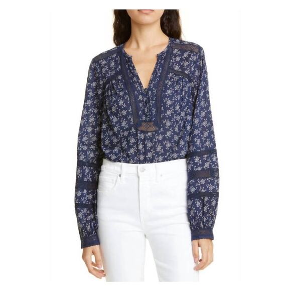 Veronica Beard Navy Floral Kent Long Sleeved Marine Blue Top Sz 2 - Picture 1 of 8